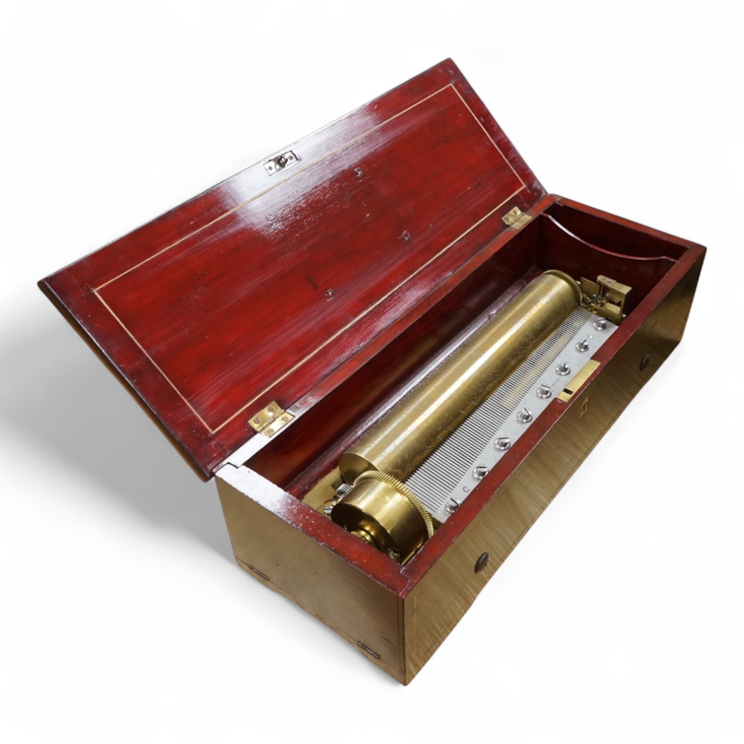 A mid 19th century Nicole Freres key wound cylinder musical box in an inlaid rosewood case, playing on approx 105 tooth comb, cylinder 27.5cm long, stamped ‘Nicole Frere a Geneve’, 26927, with key, the case; 45.5cm wide,